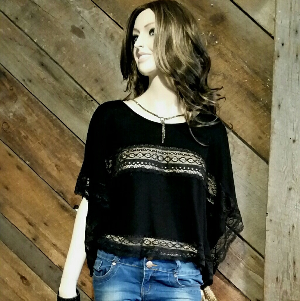 Free People Black Top with Lace Inset